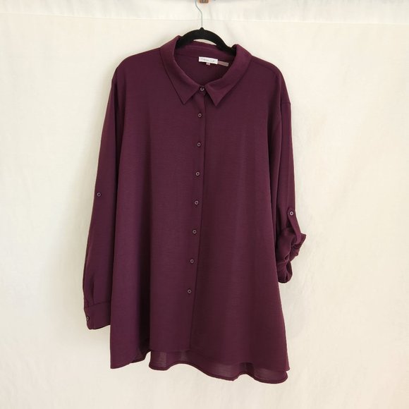 Calvin Klein Tops - Calvin Klein Blouse Tunic Button Up Long Roll Sleeve Wine Color Size 3X LIKE NEW